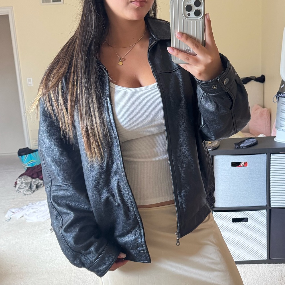 Croft & Barrow Black Leather Jacket Oversized Bomber Style